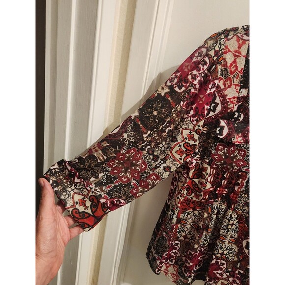 Zac‎ & Rachel Sheer Red/Black  Blouse w/ Pockets Top 3/4 Sleeve Button Down Top. - Picture 5 of 9